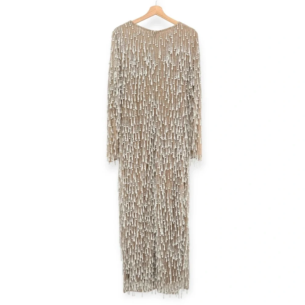 Mac Duggal Beige Long Sleeve Midi Dress With Embellished Fringe $898 - Size‎ 12